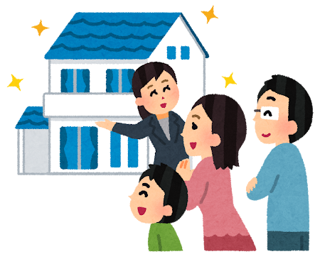 家の見学をしている家族のイラスト