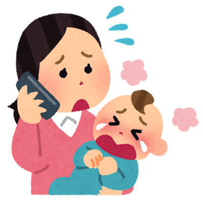 泣いている赤ちゃんと電話をするお母さんのイラスト