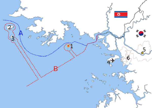 A：連合国設定の北方限界線（NLL） B：北朝鮮主張の軍事境界線