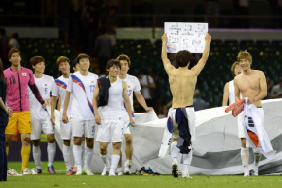 試合後に「オリンピック・エリア内」で行った勝利セレモニーで韓国代表パク・ジョンウ（朴従愚）選手が【독도는 우리땅!】（ トクトヌン　ウリタン！）＝「独島は私たちの土地」と書いたプラカードを掲げた。