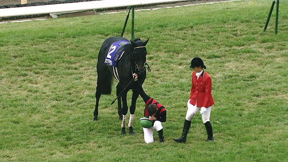 平成24年【天皇賞・秋】天覧競馬で優勝馬エイシンフラッシュから下馬して頭を下げるミルコ・デムーロ騎手