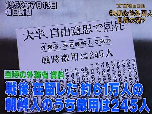外務省資料「戦後在留した約６１万人の朝鮮人のうち徴用は２４５人」（朝日新聞1959年7月13日付）