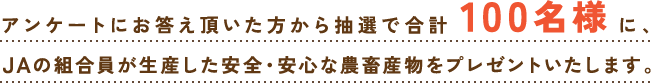 アンケートにお答え頂いた方から抽選で合計100名様に、JAの組合員が生産した安全・安心な農畜産物をプレゼントいたします。