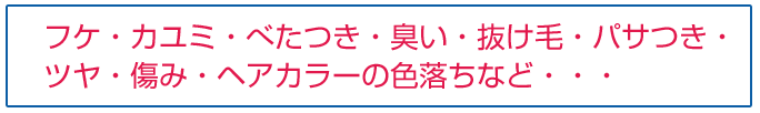 お悩みがある方:フケ・カユミ・べたつき・臭い・抜け毛・パサつき・ツヤ・傷み・ヘアカラーの色落ちなど・・・