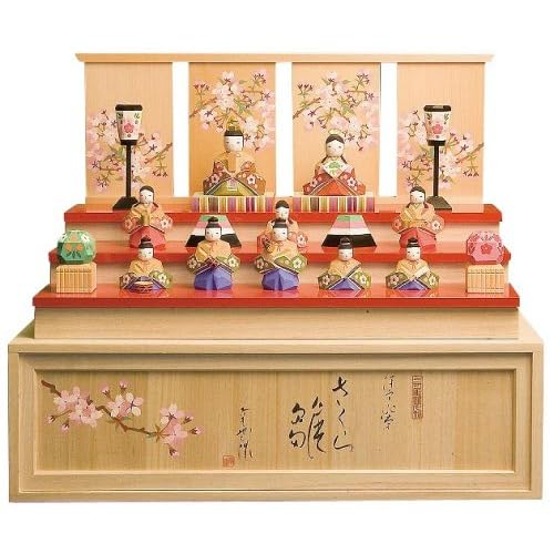 南雲 作　収納台付　木彫り雛人形「さくら雛」