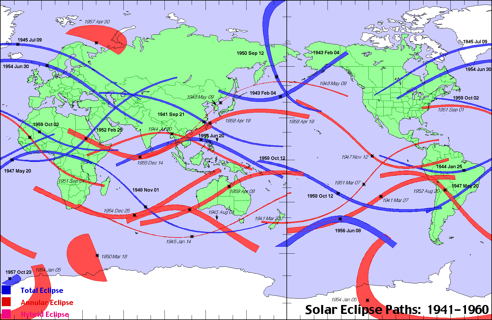 1941～1960年に見られた皆既日食帯地図