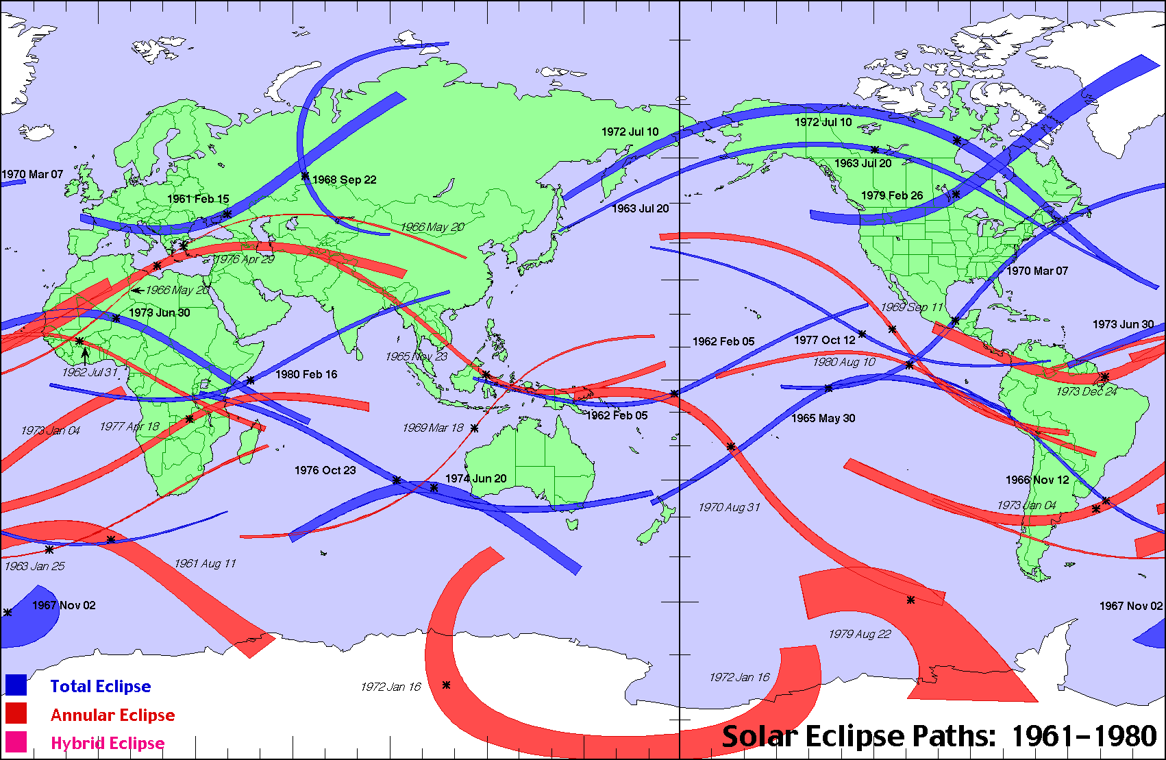1961～1980年に見られた皆既日食帯地図
