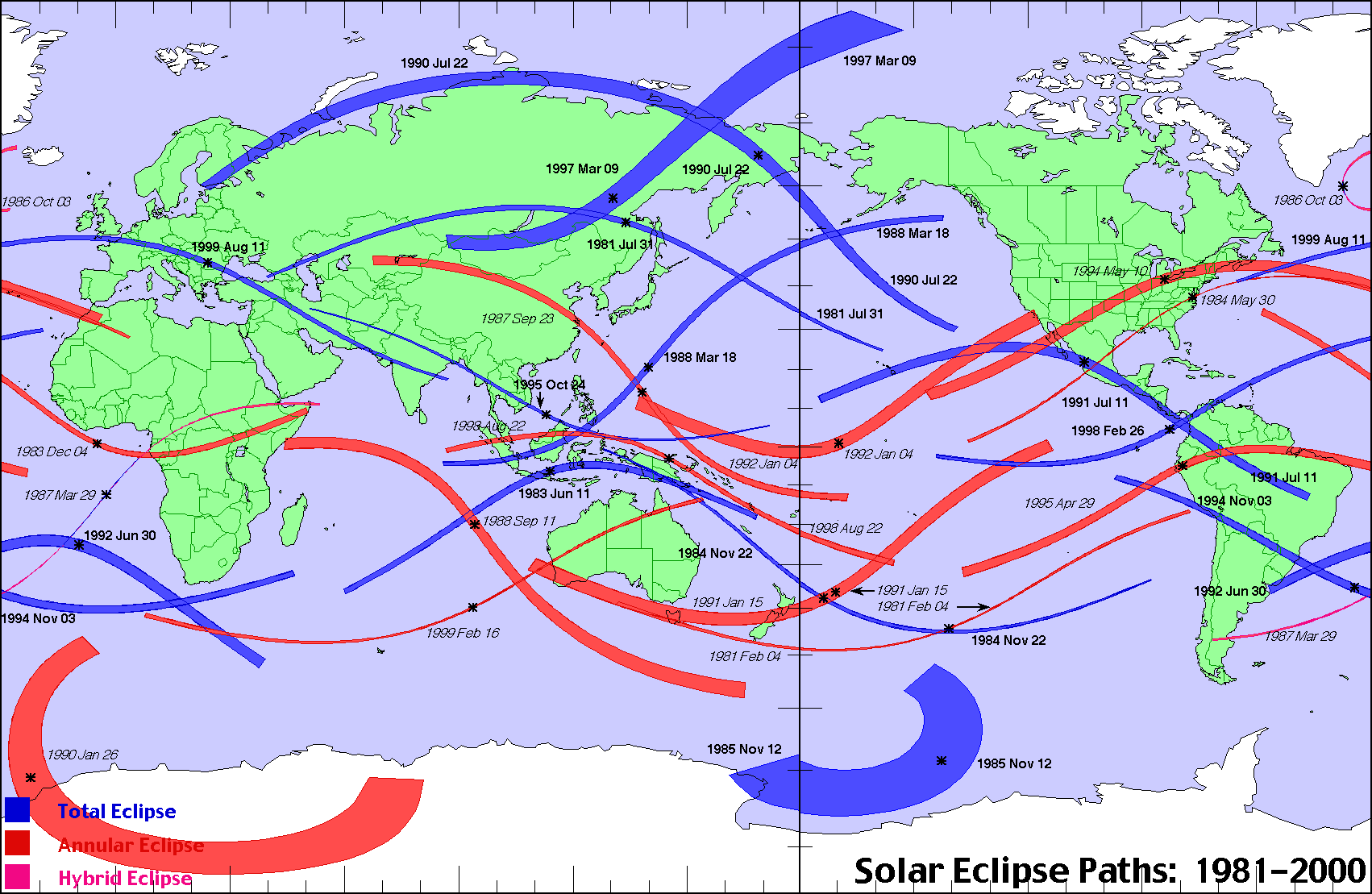 1981～2000年に見られた皆既日食帯地図