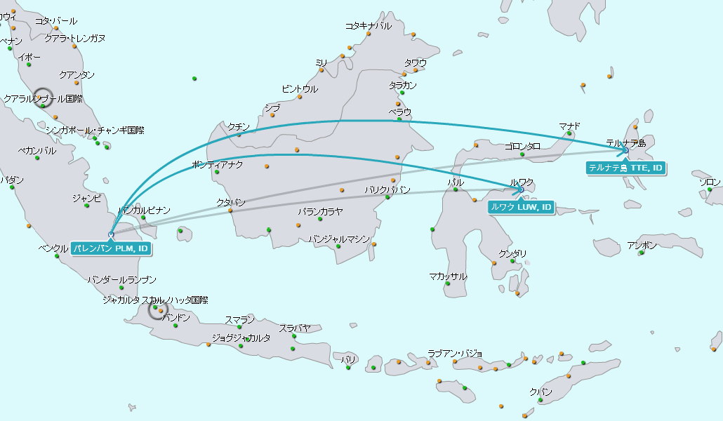 パレンバン空港からのフライト地図