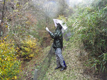 雨の日は記録用紙をビニールにくるみ、その中に手を入れて記入していく