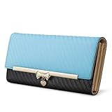 G.G.MAX レディース 牛革 レザー バイカラー リボン 三つ折り 長財布 エンボス加工 ウォレット (ブルー)