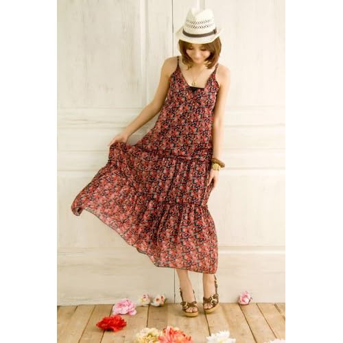 胸元フリルカシュクール小花柄シフォンティアードマキシワンピース