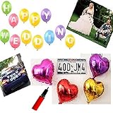 【Eanas】 ハッピー ウェディング 結婚おめでとう パーティ 飾りつけ セット HAPPY WEDDING 壁デコレーション アルファベット風船 & ハート型 バルーン 風船 4色 （各1個） & JUST MARRIED バナー ガーランド 装飾 & 空気入れポンプ 【ラブ&ハート☆4点セット】 WD-1 (ホワイト ハート型, フリー)