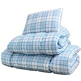 タンスのゲン 布団セット 日本製 ホコリが出にくい布団3点セット シングルロング 防ダニ チェック柄 ブルー 10419021BB
