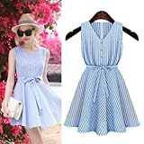 G.G.MAX レディース リボン ストライプ ノースリーブ サマー ワンピース 夏 ライトブルー (L)