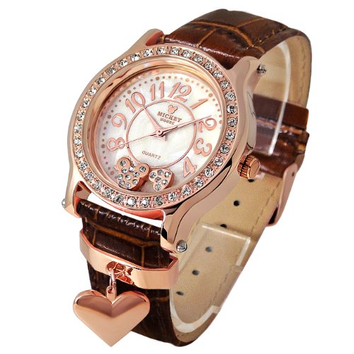 Disney ディズニー ミッキー 腕時計 MICKEY MOUSE ハートチャーム 革ベルト スワロフスキー ブラウン×ピンクゴールド 限定モデル
