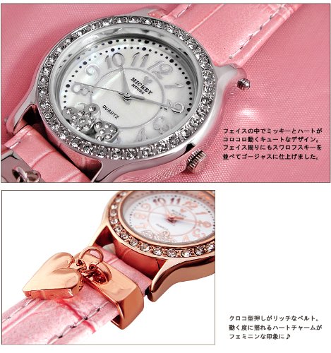 Disney ディズニー ミッキー 腕時計 MICKEY MOUSE ハートチャーム 革ベルト スワロフスキー ブラウン×ピンクゴールド 限定モデル