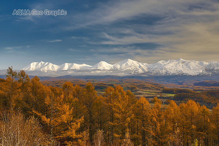 秋の北海道ロケ カラマツの紅葉と冠雪の十勝連峰 水中カメラマンのデスクワークな日々