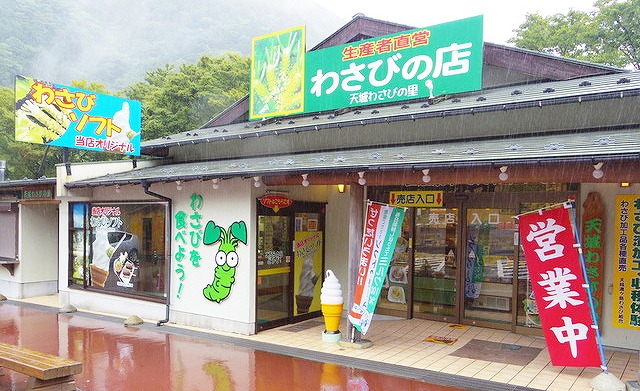 わさびソフトクリームを販売する天城わさびの里