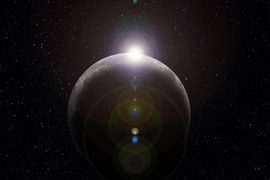 フリーイラスト 宇宙空間の中の太陽の光と月