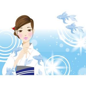 フリーイラスト, ベクター画像, AI, 人物, 女性, 浴衣, 和服, 夏, 水, 魚(サカナ), 金魚(キンギョ)