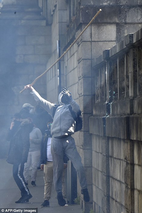 A protester during clashes in Nantes