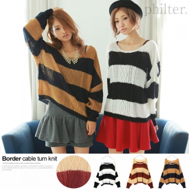 【Luz Llena/ラズレナ】WIDEボーダー柄ケーブル編みニット