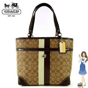 COACH（コーチ） トートバッグ チェルシー ヘリテージ ストライプ ブラウン 14477
