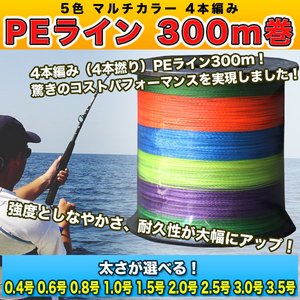PEライン 300m巻 釣り糸 釣糸 5色 マルチカラー 4本編み 4本撚り 0.4号 0.6号 0.8号 1.0号 1.5号 2.0号 2.5号 3.0号 3.5号