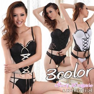 【黒×ベージュ】3color☆ガーターベルト付ビスチェ＆Ｔバック　7393-ｂｂ