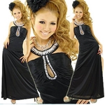 ドレス 胸元ビーズストレッチサテンロングドレス 黒