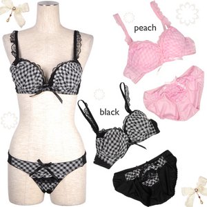 ギンガムチェック♪バルーンギャザーブラ＆ショーツセット【ブラショーツセット/ナイトウェア/下着/ランジェリー/コスプレ】07000175 ブラックS
