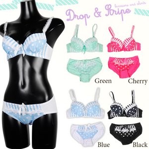 ドロップ＆ストライプ♪ブラ＆ショーツセット【ブラショーツセット/ナイトウェア/下着/ランジェリー/コスプレ】07000176 チェリーS