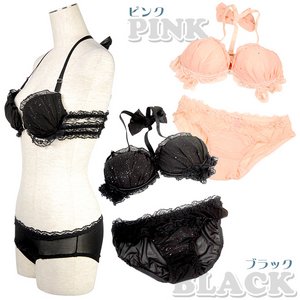 スクエアラメブラ＆ショーツセット♪バックストラップりぼん【ブラショーツセット/ナイトウェア/下着/ランジェリー/コスプレ】07000178 ブラックS