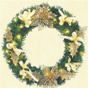 【クリスマス】PVCリース ヒイラギゴールドリボン LED付35cm
