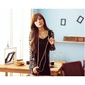 バックレースアップ・ヒョウ柄切替・シャーリングミニワンピース 灰色 