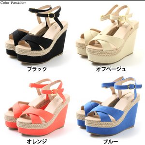 ストラップ付厚底ウェッジソールラインジュートサンダル ブラックLサイズ