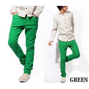 メンズ カラー スキニー デニム パンツ グリーン Lサイズ