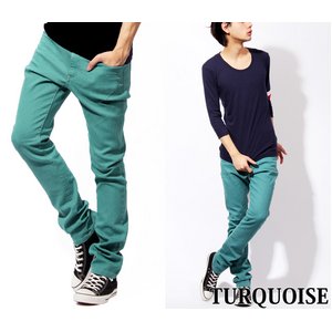 メンズ カラー スキニー デニム パンツ ターコイズ Lサイズ