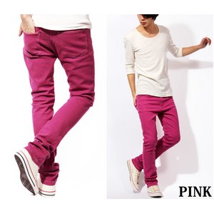 メンズ カラー スキニー デニム パンツ ピンク Lサイズ