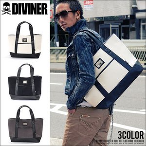 【DIVINER】ロゴプレートキャンバス＆PUレザートートバッグ/悪羅悪羅/ブラック