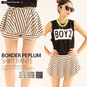 ボーダー柄ミニスカート風キュロットパンツ/ショートパンツ/オフホワイト×ブラック