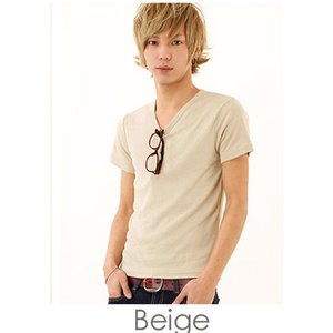 T/CフライスVネック半袖Tシャツ/ベージュXLサイズ