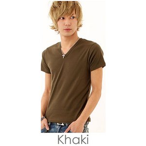 T/CフライスVネック半袖Tシャツ/カーキLサイズ