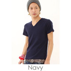 T/CフライスVネック半袖Tシャツ/ネイビーMサイズ