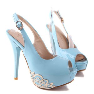 フラワーモチーフ・オープントゥ・パンプス 青36サイズ