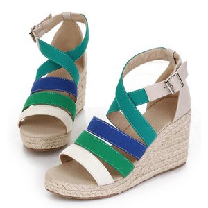 マルチカラーストラップ・ウエッジソールミュール/青37サイズ