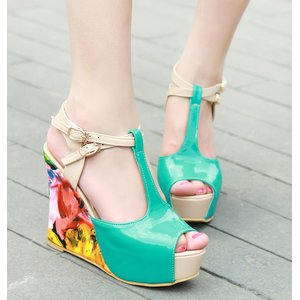 花柄ウエッジソール・ミュール/緑34サイズ