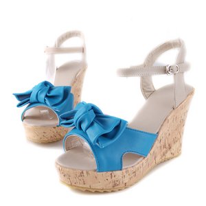 リボン付ウエッジソール・ミュール/青37サイズ