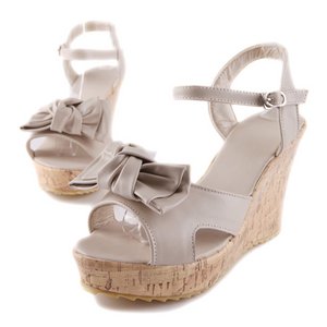 リボン付ウエッジソール・ミュール/白38サイズ